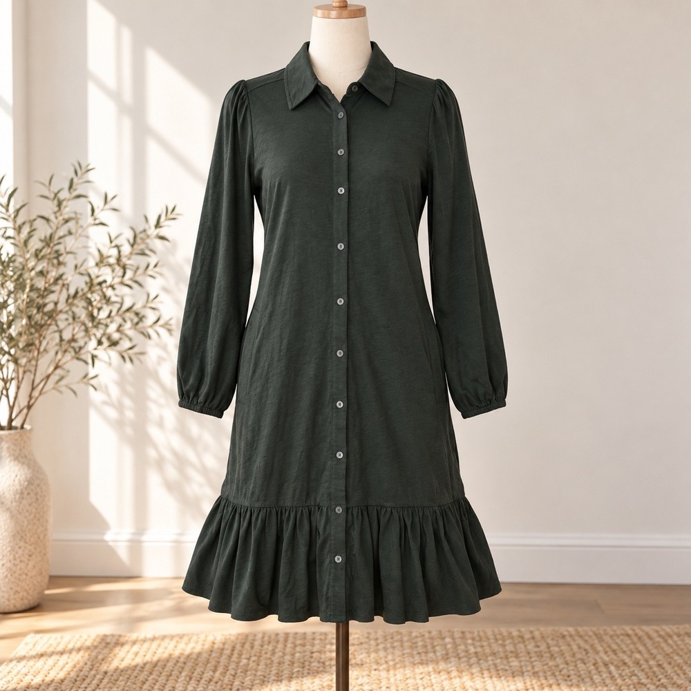 Boden Autumn Forest Earthy Green Shirt Dress 10 Ruffle Hem Literary Cottagecore